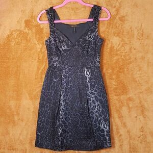 BCBG MAXAZRIA Womens Dress Size 0 Black Blue Silver Sheath Leopard Cocktail